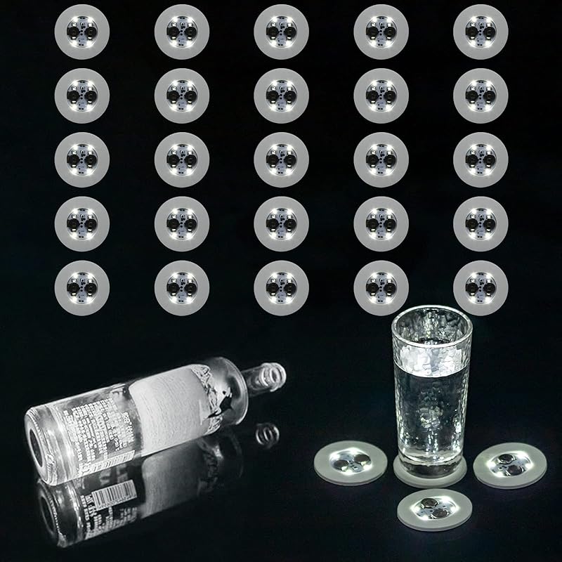 LED Coaster, 25 Pcs Light Up Coasters for Drinks, 7 Colors RGB LED Liquor Bottle Lights Stickers Coasters, Flash Light Up Bar Coaster for Club, Bar, белый