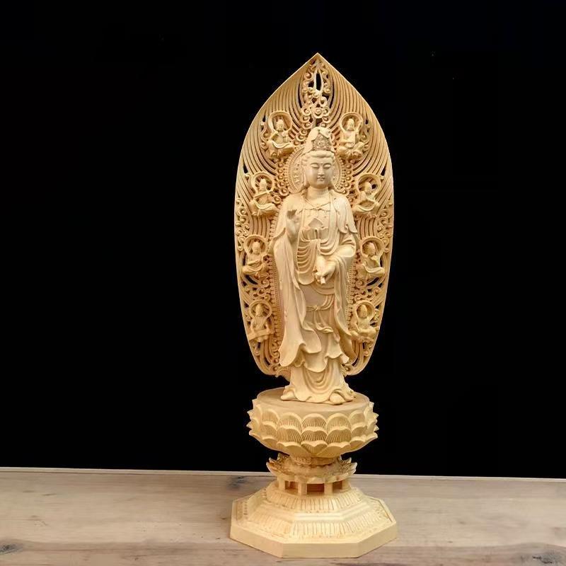 

wood carving Guanyin Bodhisattva statue Chinese Buddhist figures Home Living Room Office Wealth Luck Feng Shui DecorGreat Buddha