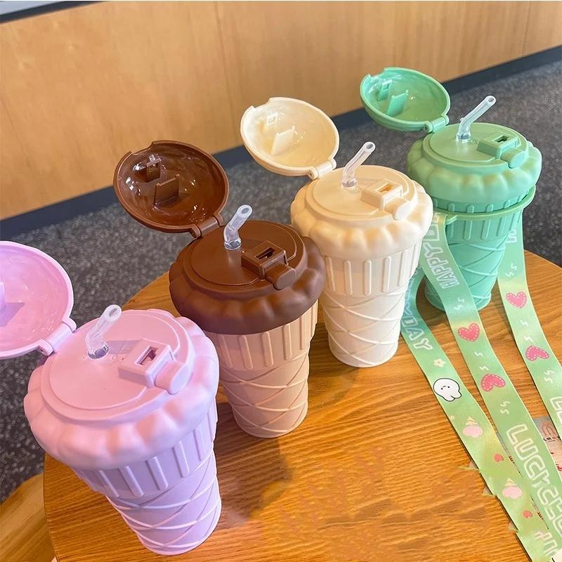 500ML Drinking Cup with Straw Ice Cream Shape Drinking Water Bottle Leakproof Cute Water Bottles with Adjustable Strap Air Up
