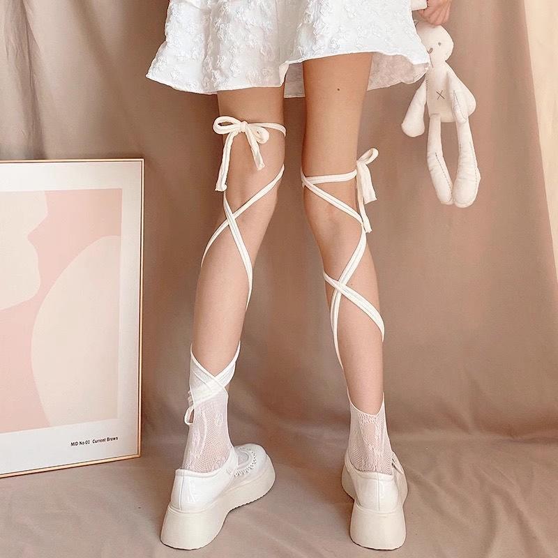 Women Summer Sexy Long Japanese Lace Fishnet Split Toe Calf Middle Tube Socks Straps