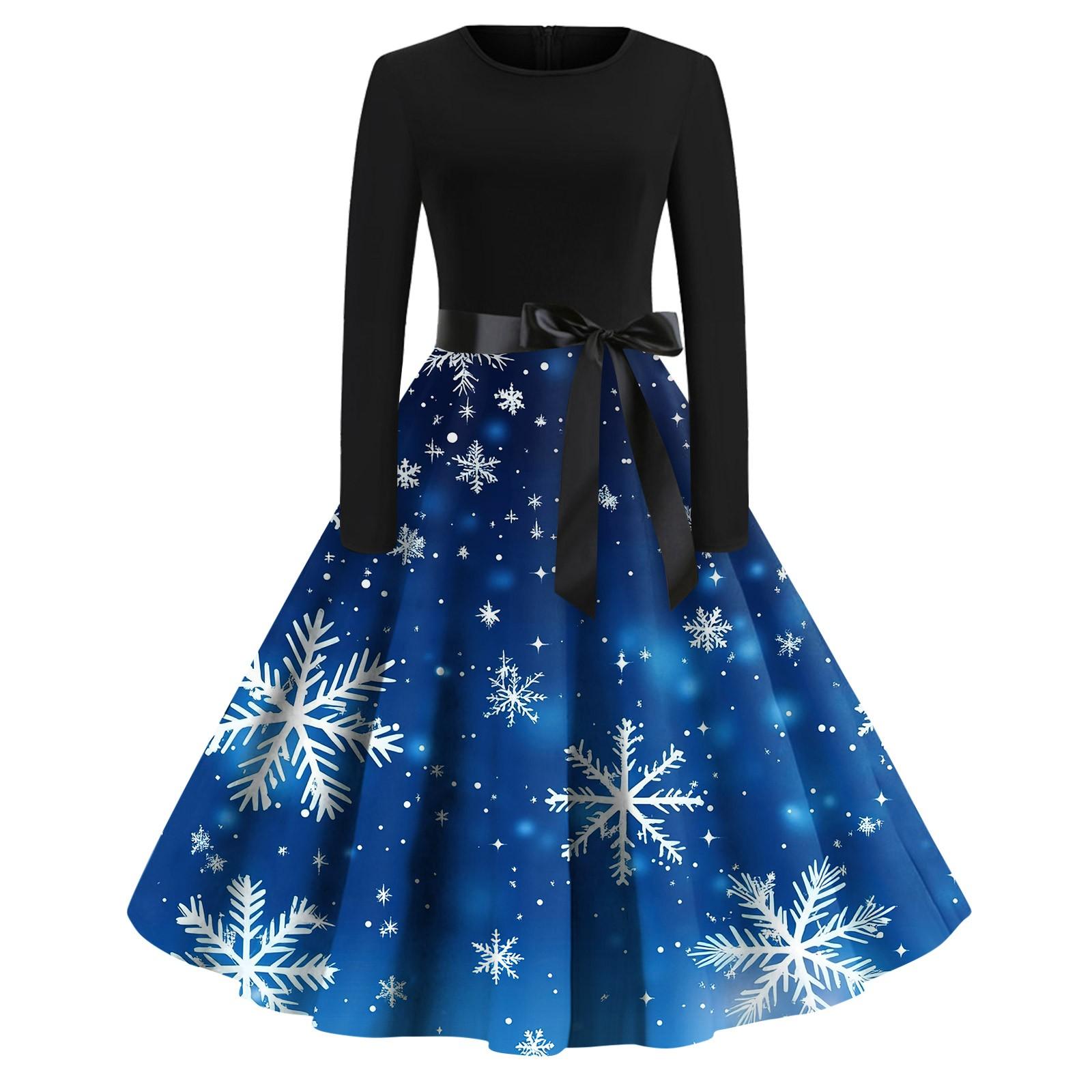 

Женское модное винтажное платье с длинным рукавом и круглым вырезом с рождественским принтом S синий