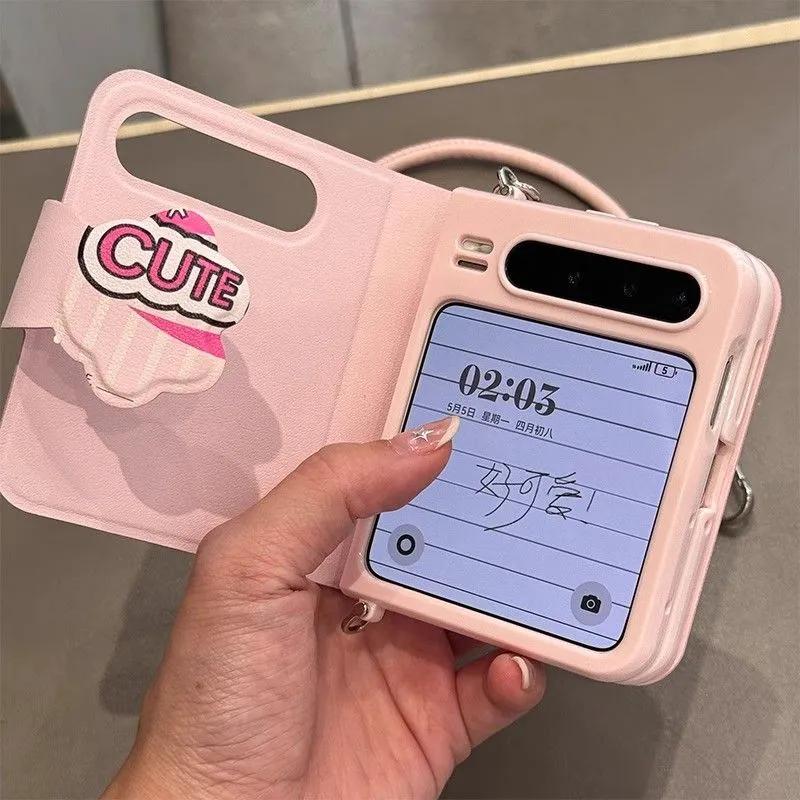 Süßes Buch-Style Klapphülle für Samsung Galaxy Z Flip6 zflip5 Hülle Cartoon Rosa Lederhülle mit Handschlaufe