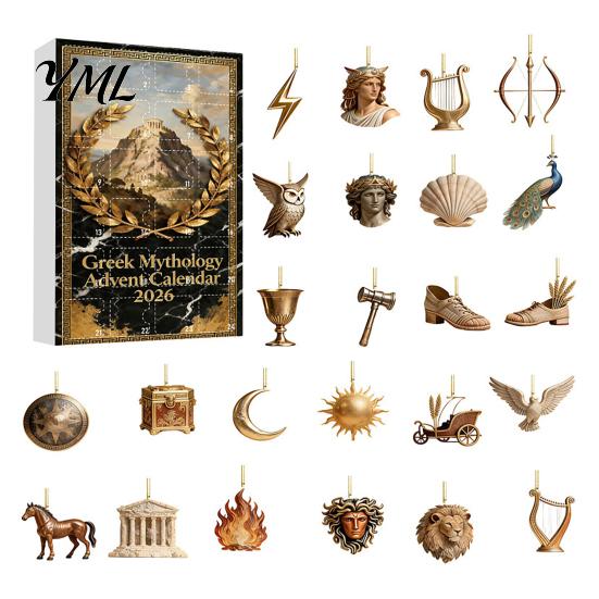 Reusable Christmas Tree Decor Greek Myth Advent Calendar, 24Pcs Acrylic 2D Ornament Set with Vintage Holiday Gift for History Buffs Gold Tone, Hanging