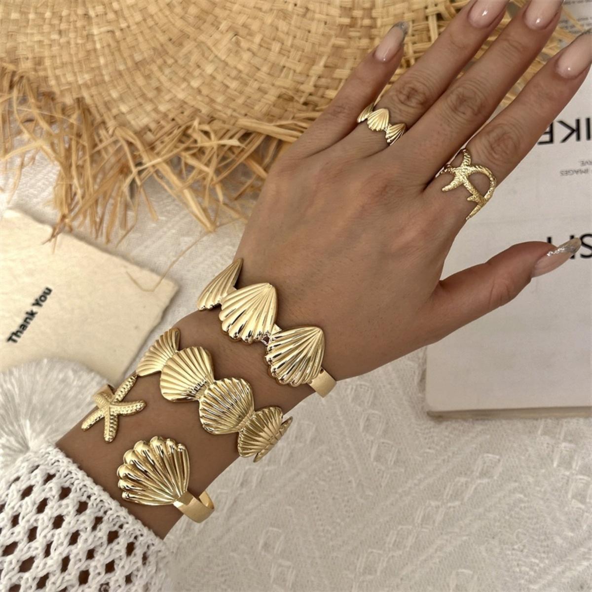 

Trendy Summer Metal Starfish Shell Bracelets Rings Set For Women Men Punk Summer Ocean Beach Sea Star Vacation Jewelry Set