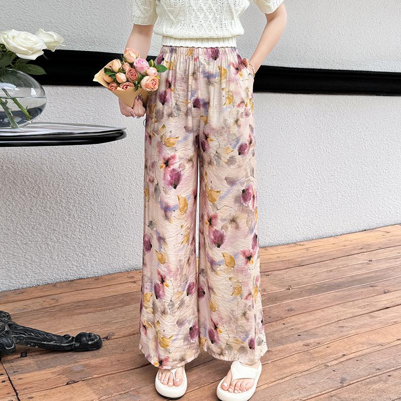 Pantaloni de pijama din bumbac mătase pentru femei, secțiune subțire de vară, anti-țânțari, pantaloni cu picior lat, culoare uni, pentru exterior, casă, petrecere a timpului liber, imprimeu, pantaloni de plajă până la genunchi