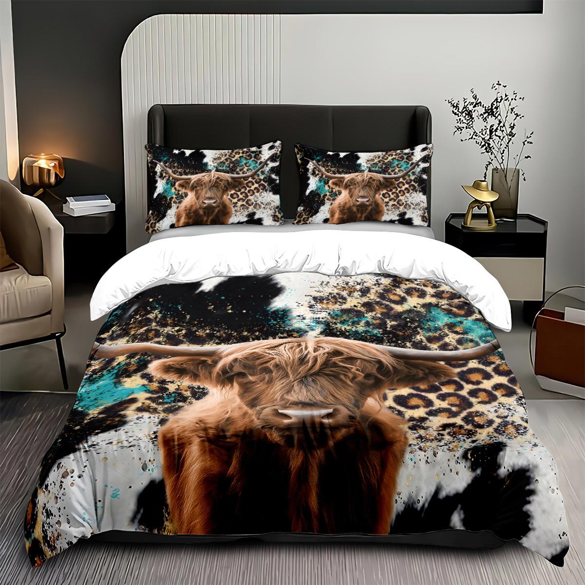 Bedding Highland Cattle 3D Printed Pillowcase Quilt Cover Three-Piece Kit Home Textiles 135x200