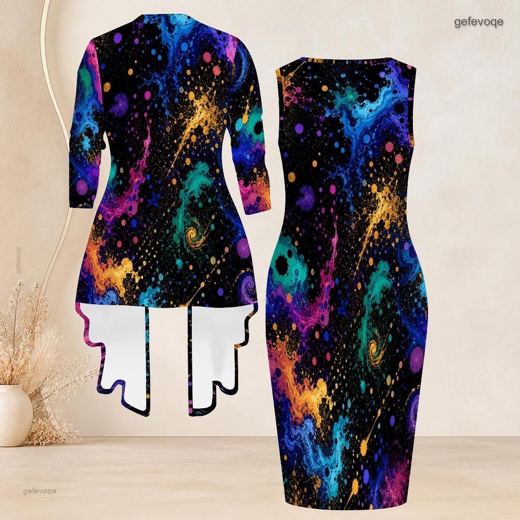 Women Plus Size Two Piece Set Long Sleeve Draped Cardigan Sleeveless Round Neck Printed Bodycon Dress Black Red White