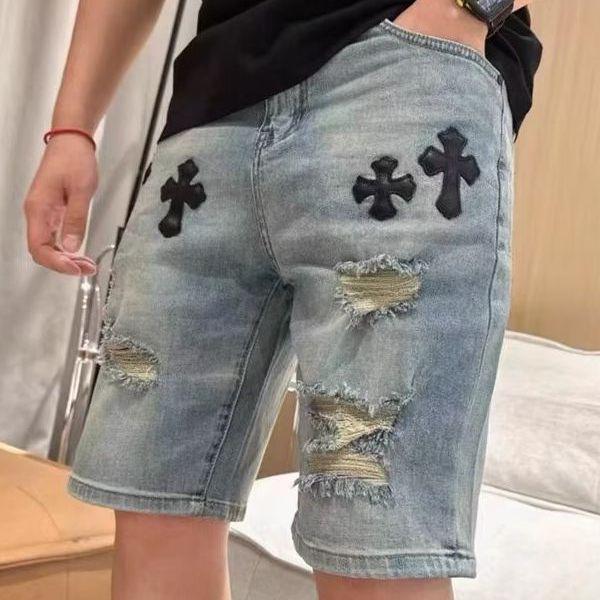 

Men s Retro Ripped Raw Edge Denim Shorts - Washed Wide-Leg Mid-Length Summer Design 34 синій