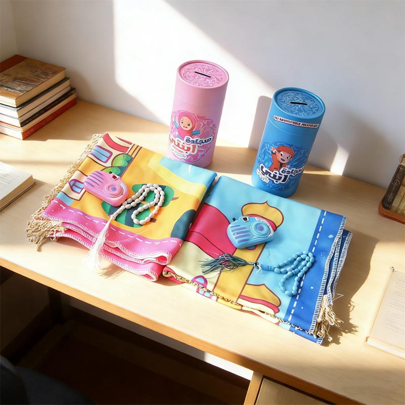 4pcs Cartoon Printed Home Gift Box Outdoor Muslim Prayer Rug Set Party Islamic Prayer Mat Portable Tasbih Prayer Beads Daily