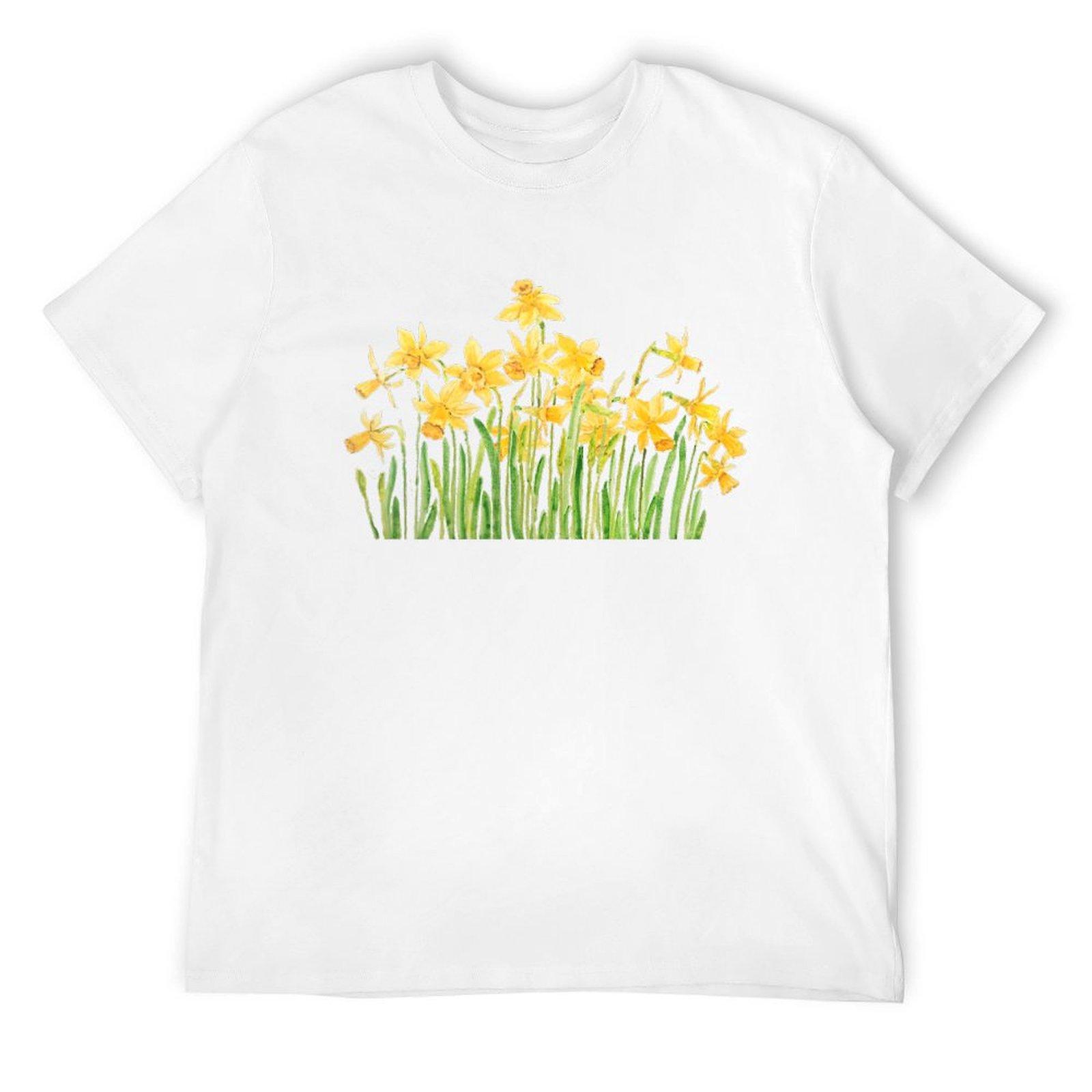 yellow daffodils field watercolor T-Shirt plain anime figures oversized t shirt men S