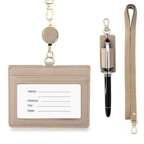 boshiho Name Tag Case, Neck Hanging, Stylish, Horizontal, Double-Sided, Reel, Pen Holder, Neck Strap Included, Genuine Leather, ID Card Holder