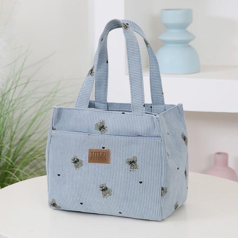 

Милая вельветовая сумка с принтом медведя, универсальная, сумка для ланча для офисного работника, сумка-тоут синий