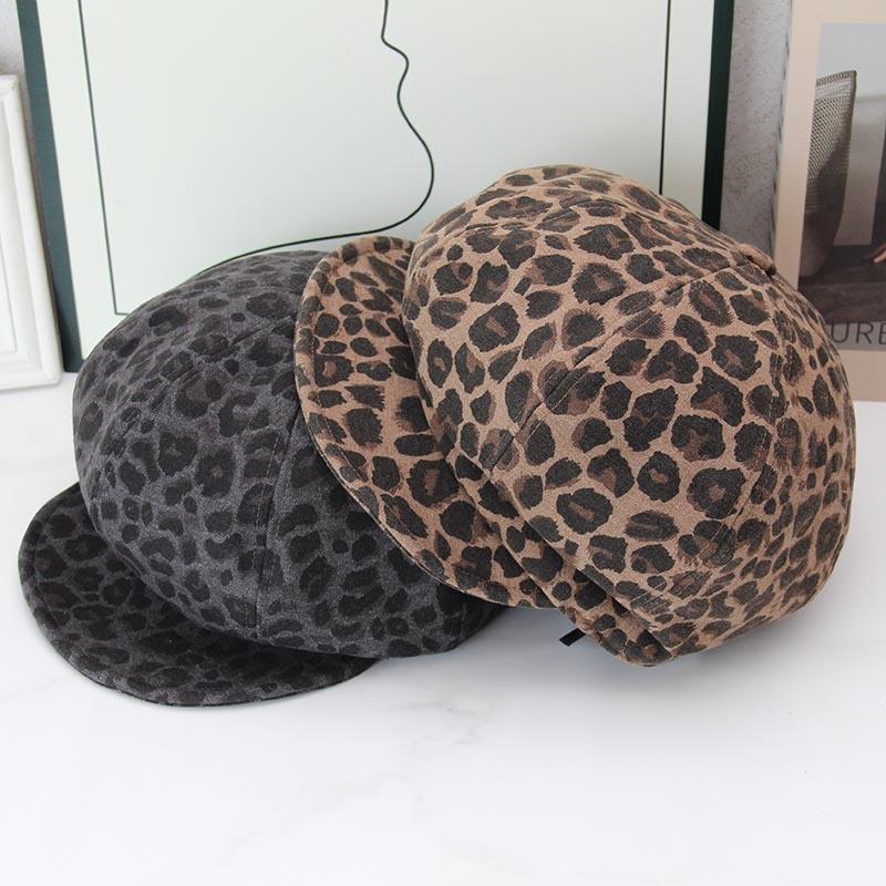 Retro Leopard Print Octagonal Newsboy Hat Female Autumn and Winter Maillard Shows Her Face Little British Forward Hat Versatile Short Brim Hat Tide