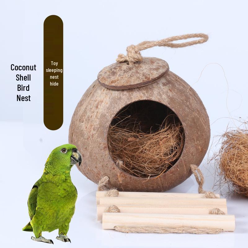 Coconut Shell Parrot & Finch Bird Nest - Natural Straw Woven Habitat for Small Birds