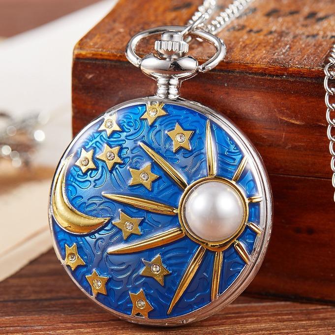 Star Moon Quartz Necklace Inlaid Pocket Watch Pendant Chain for Male Women
