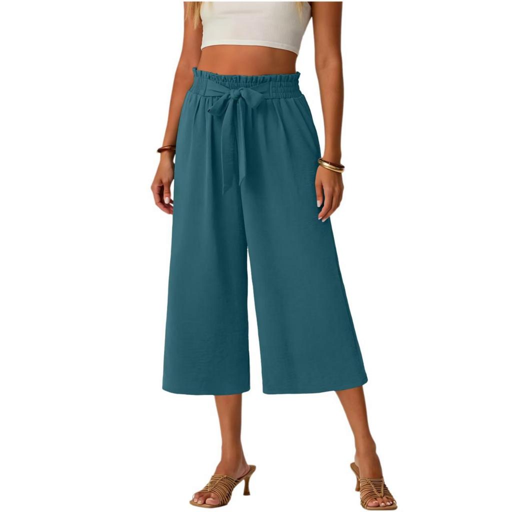 Women's Summer Lace-Up -Color Loose-Fit Straight-Leg 7/8-Length Pants With Pockets And Lace-Up Elastic Waistband