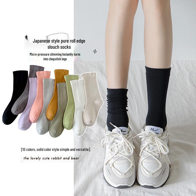 Xiaohongshu Women's Spring & Autumn Anti-Pilling Mid-Calf Cotton Socks - Boneless, Loose-Fit, Thin, Solid Color