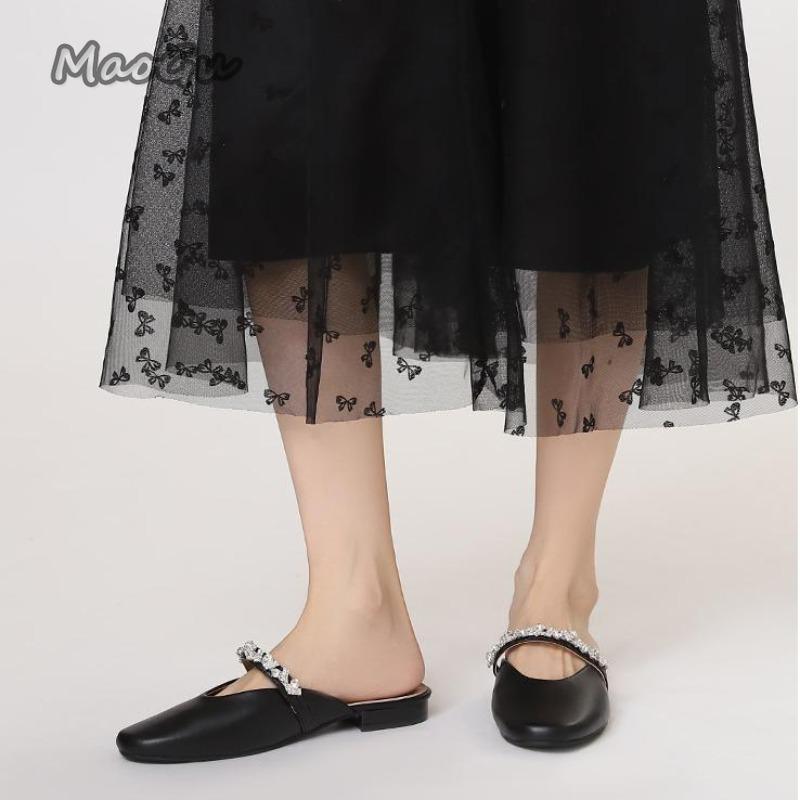Fashion French Rhinestone Cover Toe Slippers for Women Slip On Women's Footwear Fashion Low Heel Pumps Soft Leather Comfortable Mules