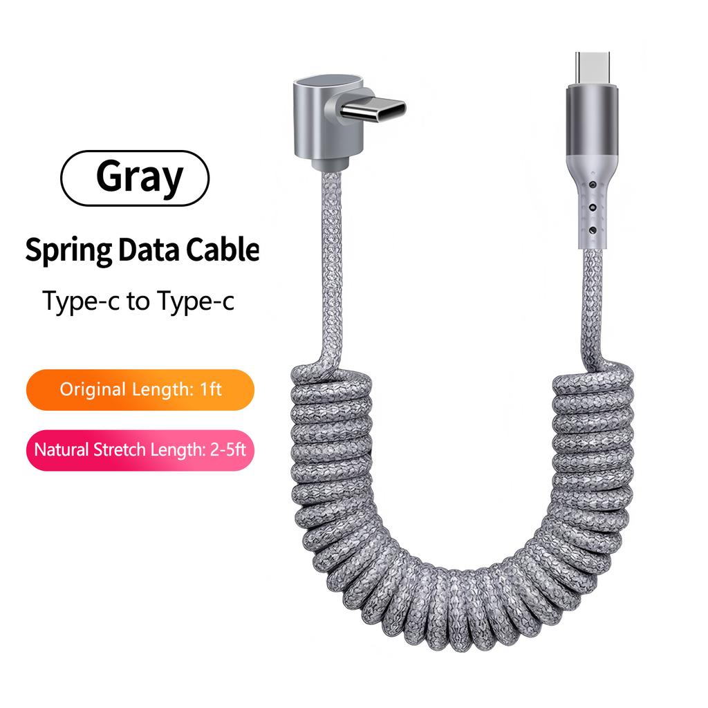 Electronic Accessories 100W 90 Degree Right Angled USB-C Coiled Retractable Data Cable Pure Copper Conductor Braid