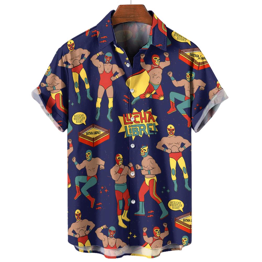 

Fashion Casual Holiday Beach Shirt 3D Wrestler Pattern T-shirt Retro Short Sleeve Vacation Outdoor Men s and Women s Shirt S