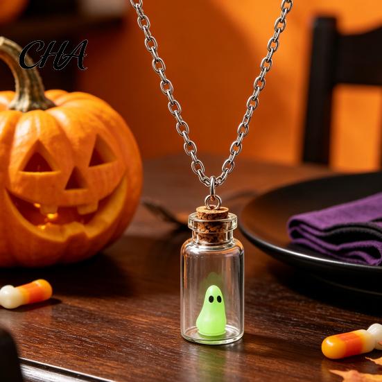 Goth Jewelry Collection Ghost in Bottle Necklace, Glow The Dark Halloween Glass Pendant Charm Jewelry, Adopt A Ghost/Cat/Dog Necklace for Men