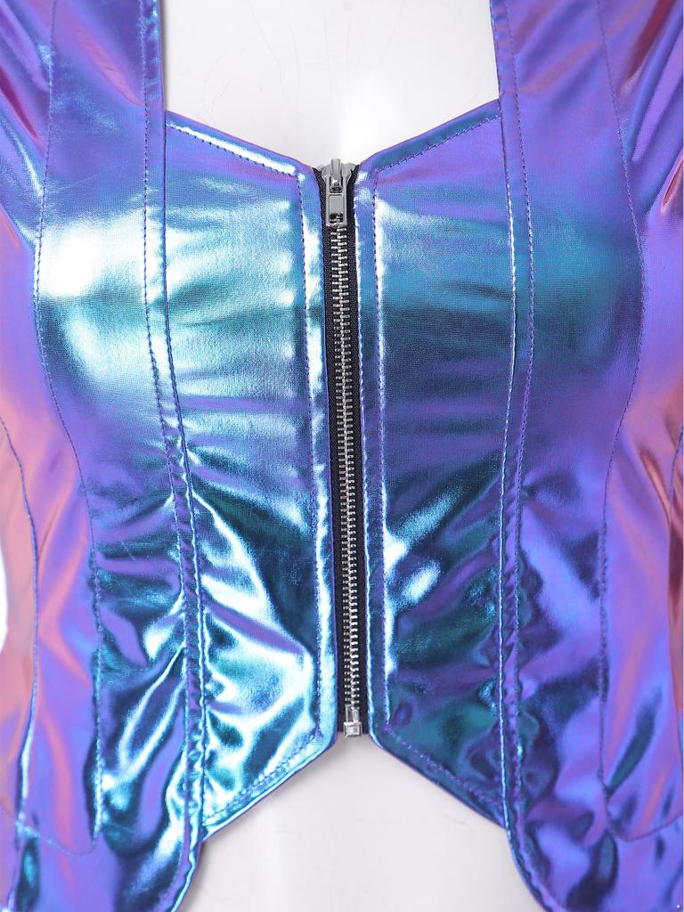 Women Metallic Steampunk Waistcoat Victorian Gothic Cap Sleeve Zipper Front Vest for Carnival Stage Performance