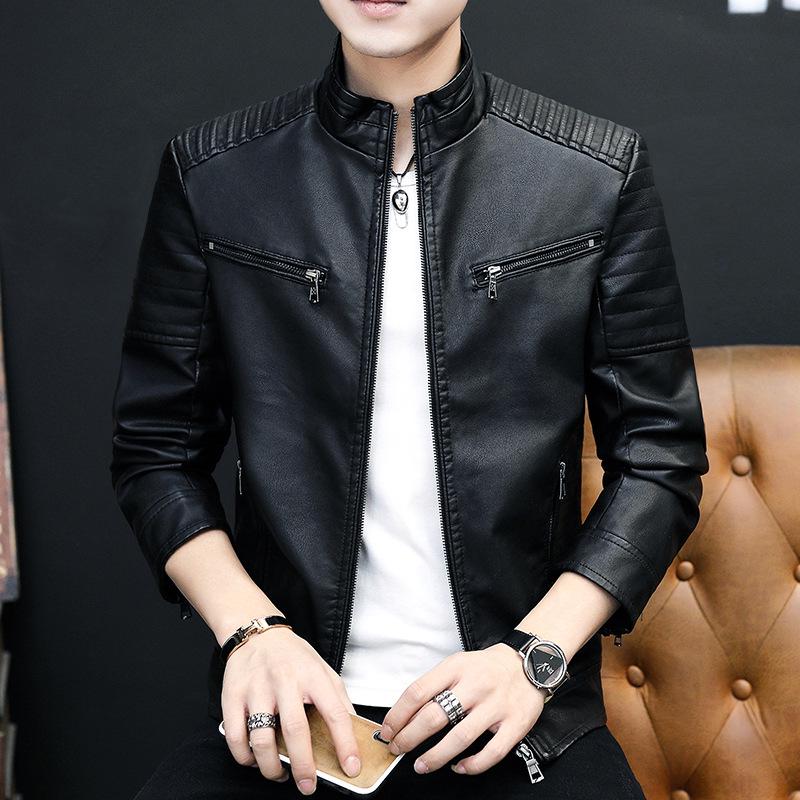 Men's Slim Fit PU Leather Jacket - Spring/Autumn Korean Style Stand Collar Outerwear