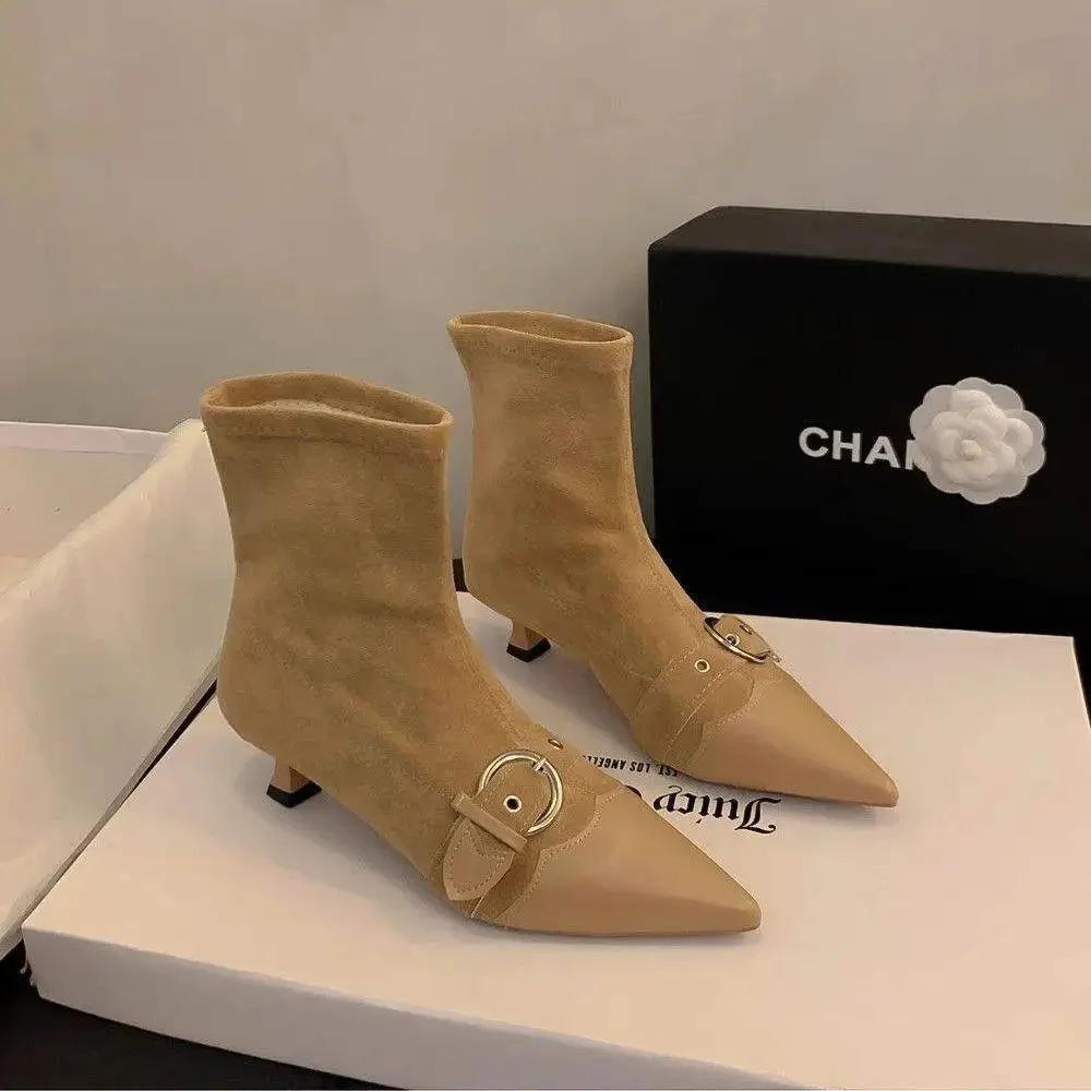 

French Style Cat Heel Pointed Toe Slim Short Boots Women s Shoes Autumn Winter New Style Elegantly High Heel Ankle Boots 39 абрикосовый