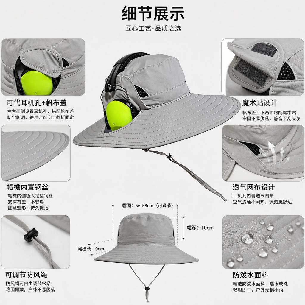 Mens Large Brim Wire Supported Sun Protection Outdoor Fisherman Hat Compatible With Headphones