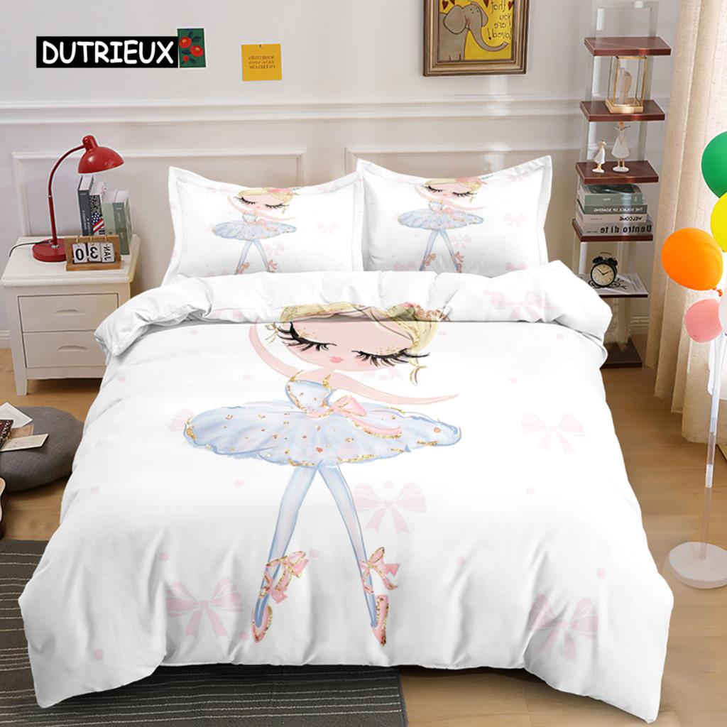Ballerina Girls Duvet Cover King Size Princess Comforter Microfiber Dancing with Swans Pattern Quilt Cover Set