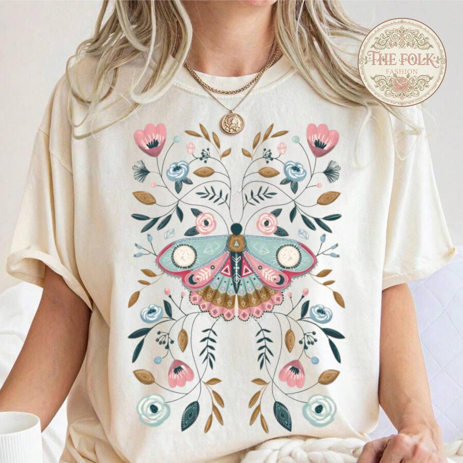 Vintage Moth Floral Shirt, Boho Folk Art Graphic Tee, Aesthetic Botanical Butterfly Tshirt, Comfort Colors Nature Shirt, Pastel Garden Gift S