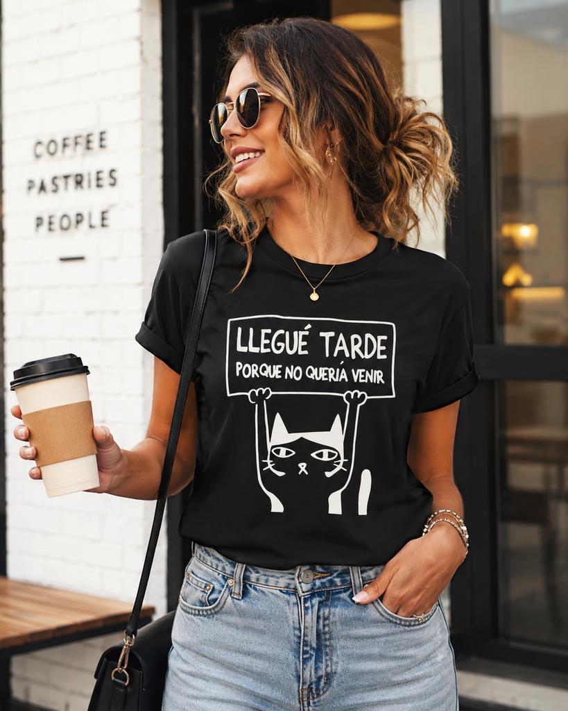 Cute Cat Alphabet Print Unisexs Tshirt Llegue Tarde Porque No Queria Venir Unisex Casual Shortsleeve Crew Neck Top Cat Tshirt