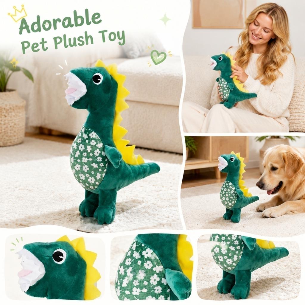 Durable Plush Dinosaur Squeaky Pet Toy with Floral Pattern Belly for Chewing Interactive Play and Comfort for Dogs and Puppies