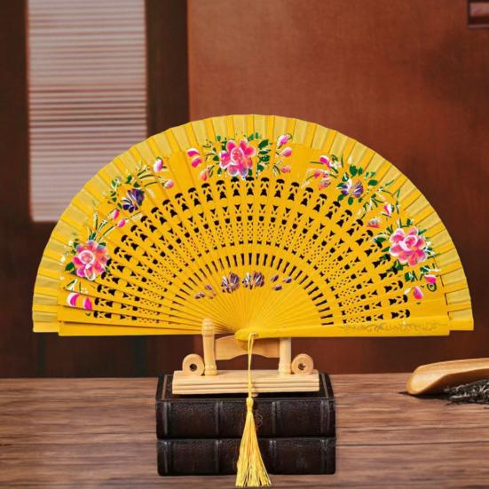 Faltfächer mit Quasten, doppelseitig, Blumenmuster, hohle Holzrippen, Laufstege, Tanz-Wing-Chun-Requisiten, Damen, Sommer-Handfächer, Partyzubehör