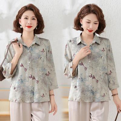 2026 Chic Printed Shirt for Moms: Loose, Nine-Point Sleeve, Spring/Autumn Fashion for Middle-Aged and Elderly Women