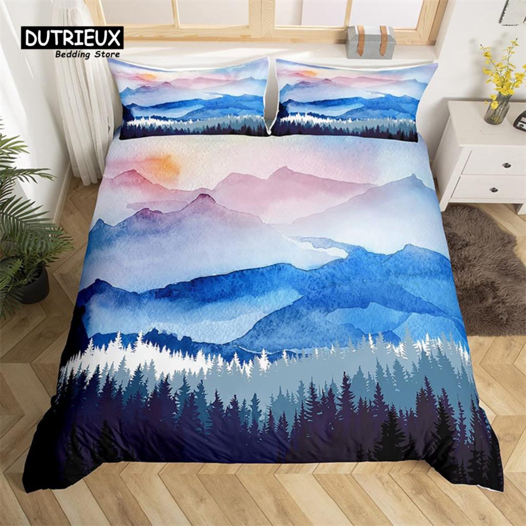 Abstract Mountain Duvet Cover Natural Scenery Art King Bedding Set For Nature Lover Gift Woodland Hiking Adventure Quilt Cover