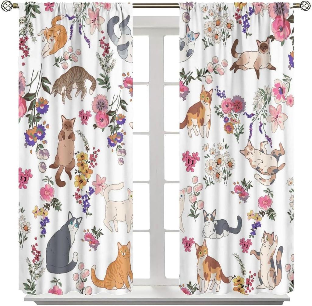 Cute Cat Curtains,Funny Kawaii Floral Kitten Watercolor Colorful Aesthetic Art Pet Love Animal Window Treatments For Kids Girls