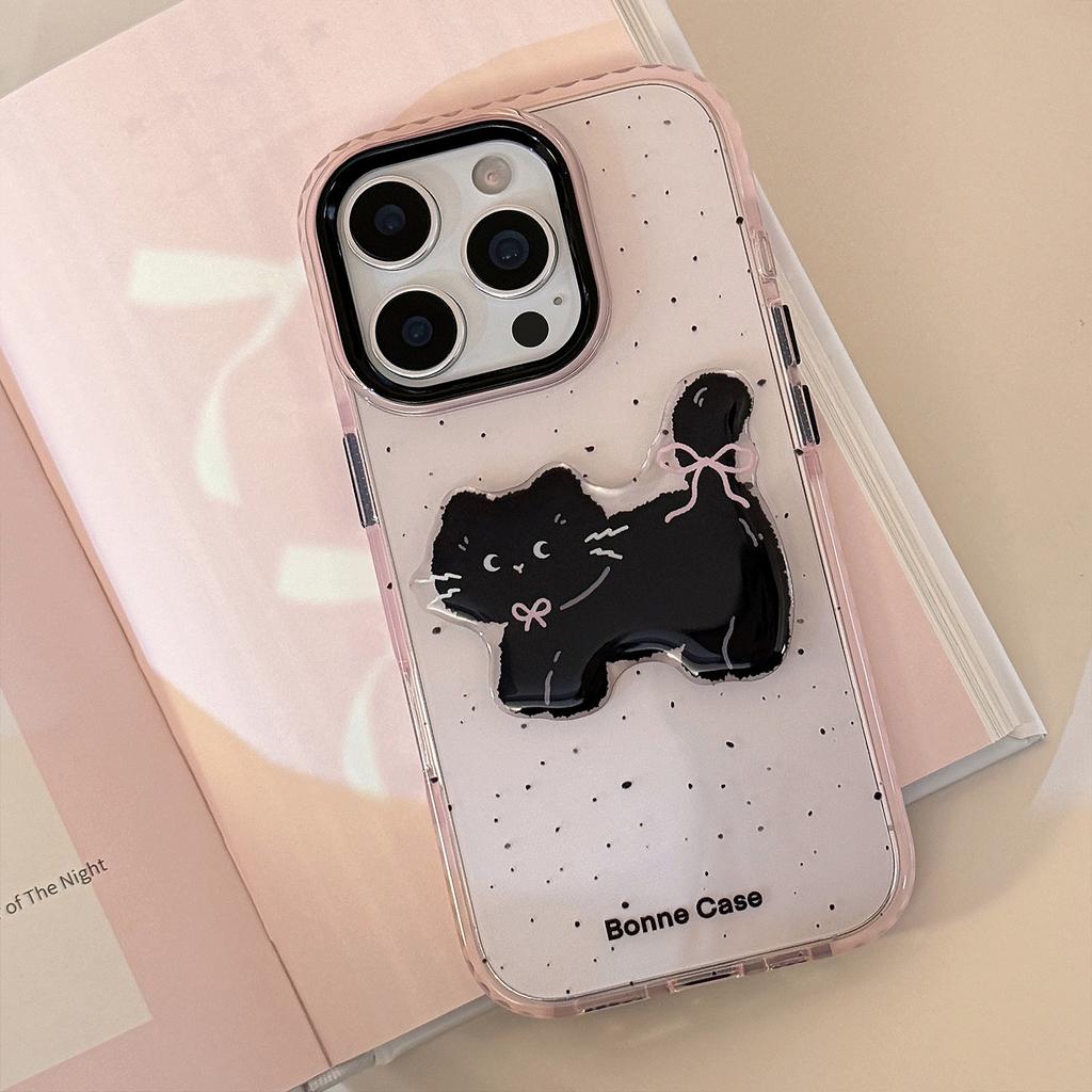 Black Pink Cartoon Suitable for IPhone 15 Apple 16pro Mobile Phone Case Max Three Dimensional Cat 1311 Sweet Cool 14