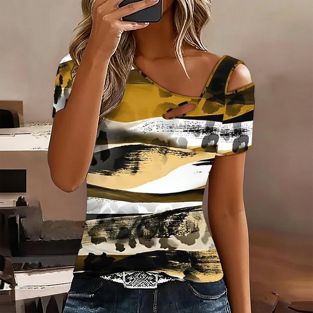 Women Diversified Flowers Print Cold Shoulder Short Sleeve T Shirt Irregular Cutout Neck Casual Summer Blouse Top