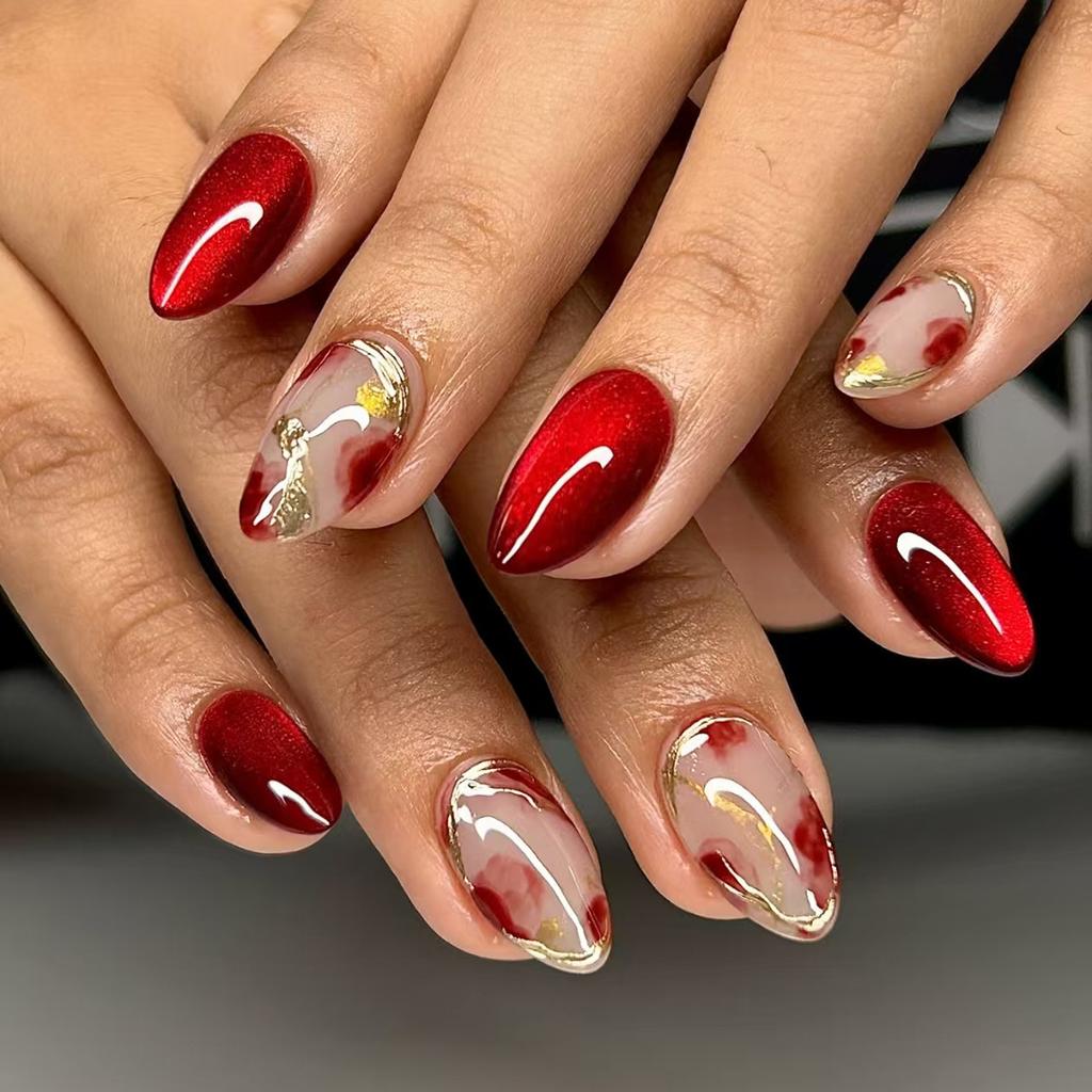 24 Pieces Three-dimensional Cat's Eye Gilt Line Red Smudged Style Removable Wearable Armor 30 Pieces Press On Nails