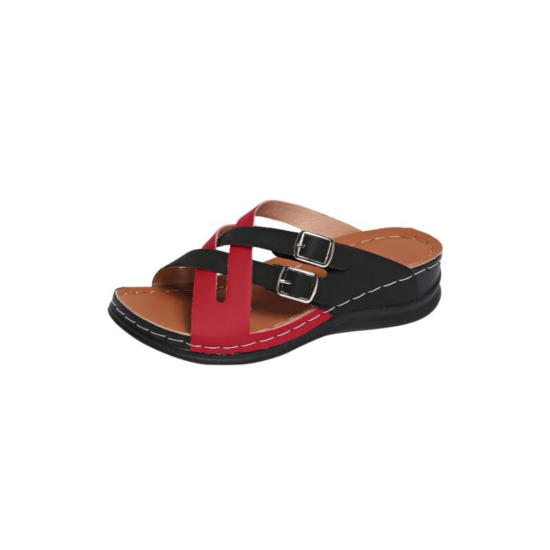Large Size Color Matching Slippers Women's New Fish Mouth Thick Bottom Fashion Belt Buckle One-word Cool Slippers