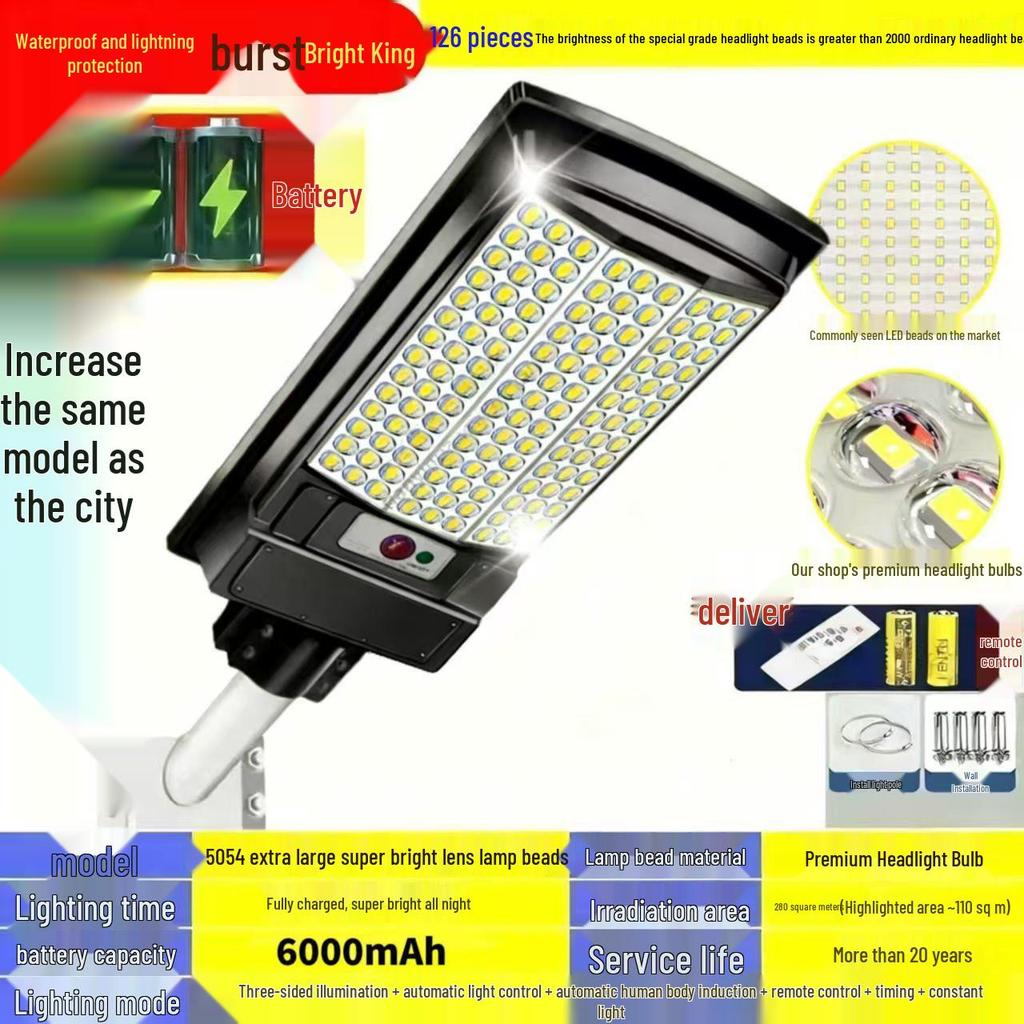 Super Bright Solar-Powered Outdoor Street Light - Waterproof, Induction-Activated, Ideal for Rural Homes & Gardens