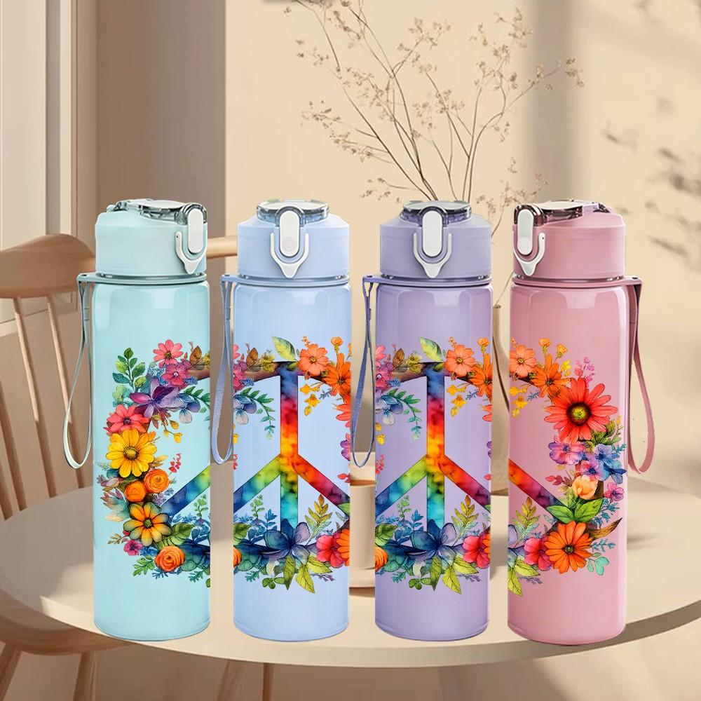 1PC Floral Peace Wreath 750ml Color Plastic Sports Water Bottle Leakproof Flip Straw Lid Suitable for Sports Office Home Use