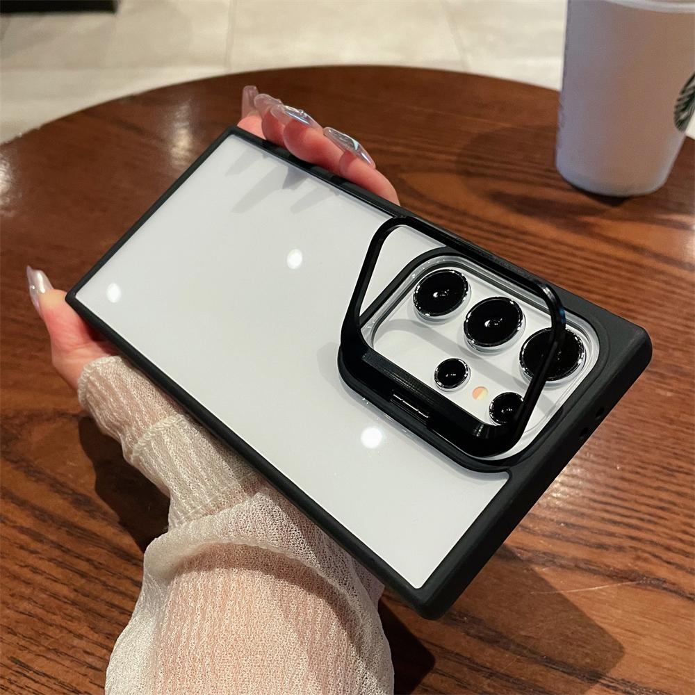 Luxury Camera Stand Folding Holder Clear Case For Samsung Galaxy S24 Ultra S22 Plus S23 FE Lens Protector Transparent Hard Cover