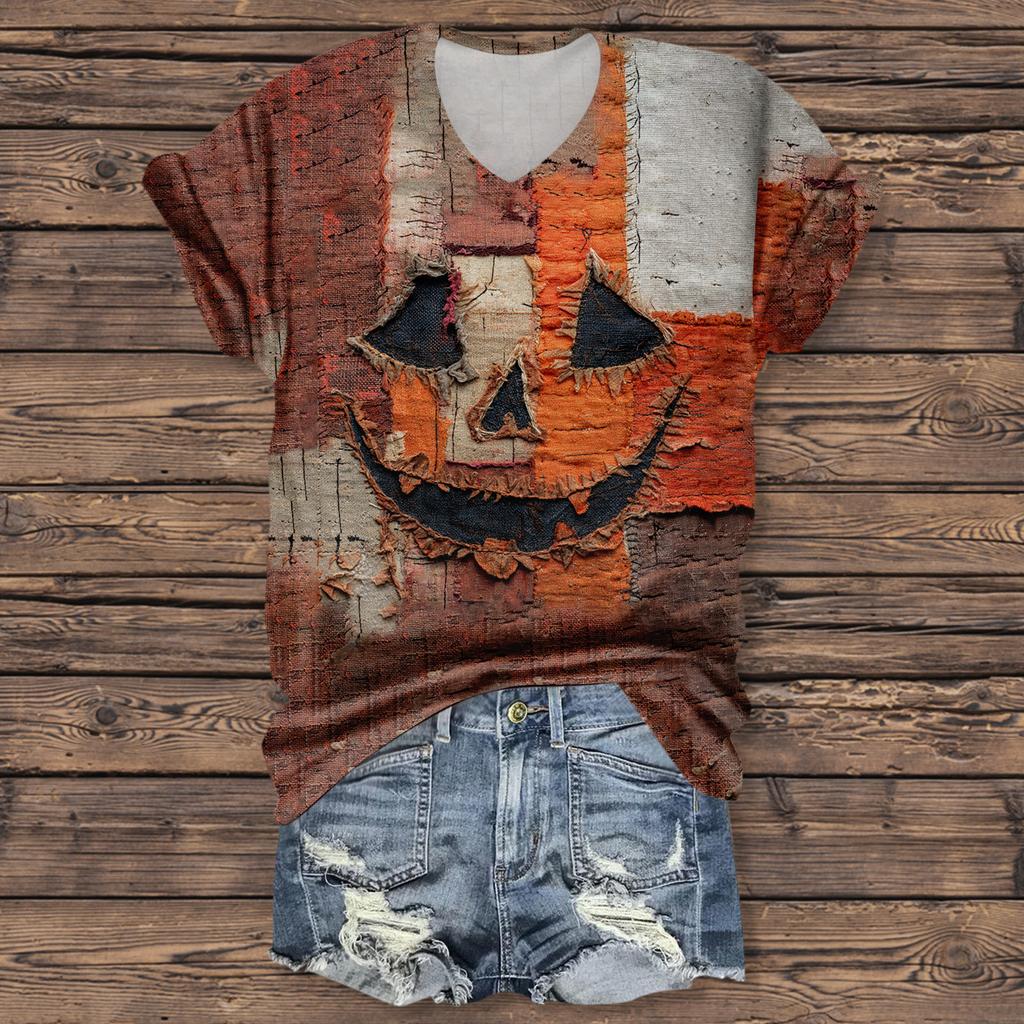 Women's Fashion Casual Three-quarter Sleeve Halloween Letters,  Face Print Top