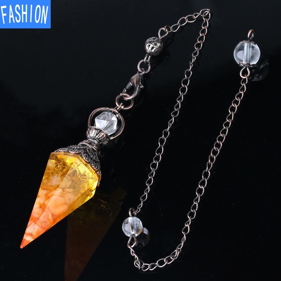 Colorful Crystal Pendulum Bronze Fashion Natural Gravel Resin Spring Hexagonal Cone Pendant