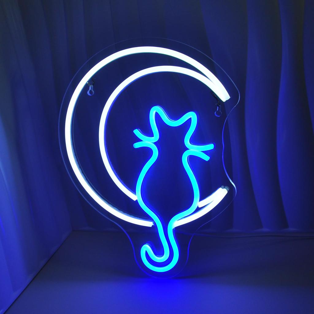 Anime Cat & Moon Neon Sign Personalized Neon Signs for Room Wall Decor LED Night Lights Home Decor Lights Gift for Girls Boys