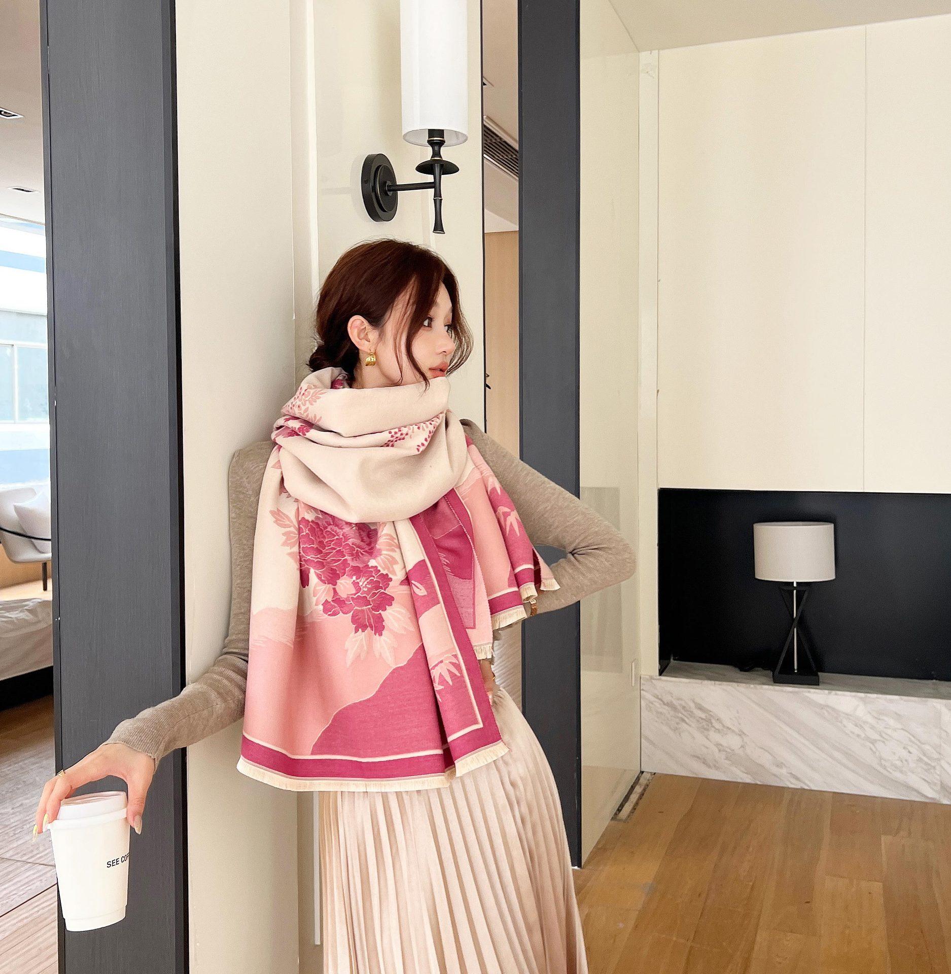 

Зимний литературный шарф из имитации кашемира, женский элегантный шарф с пейзажем и языком цветов, утолщенный теплый ветрозащитный универсальный платок 180*65cm розовый