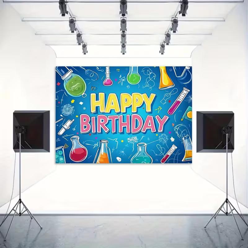 2D Flat Kids Science Party Backdrop "Happy Birthday" Lab Test Tube Background Cloth