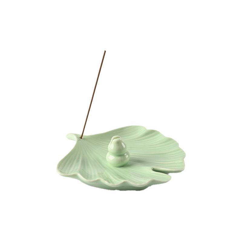 Ginkgo Leaf Ceramic Incense Holder - Sandalwood Coil and Stick Burner, Indoor Incense Tray and Decorative Plate